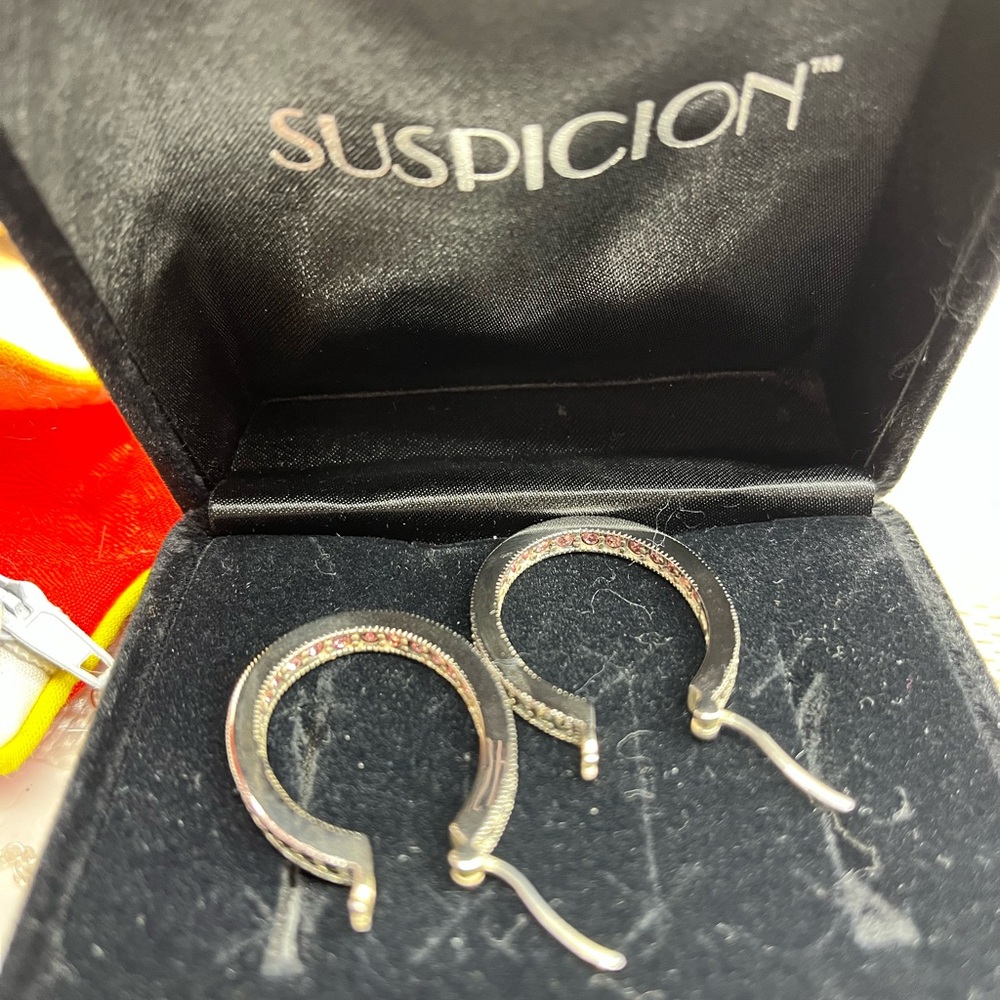 Vintage Suspicion 925 Sterling Silver Marcasite Hoop Earrings with Purple Gems - Picture 15 of 17